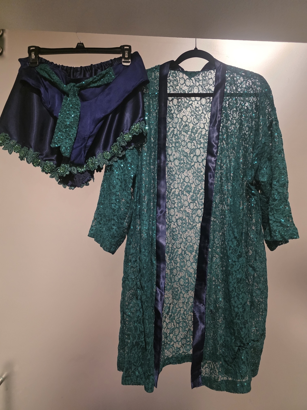 Teal Lace Robe & Navy Satin Short Set - Women Intimates